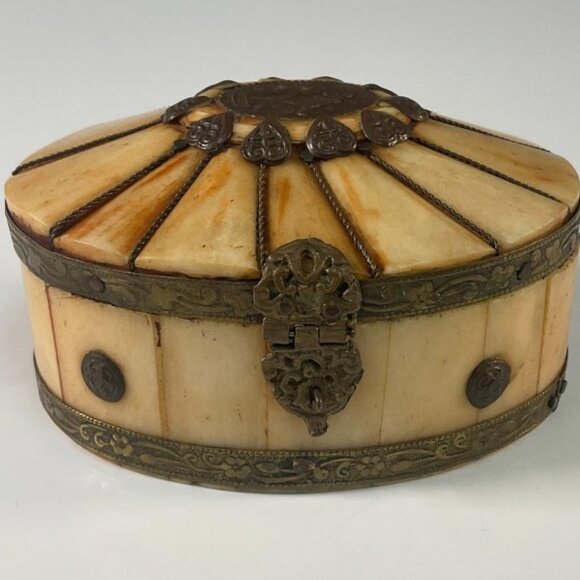 Bone Inlay Brass Trinket Box - Picture 1 of 6